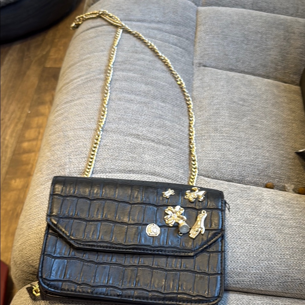 Kate Landry Black and Gold Crossbody Bag with Croc Texture
